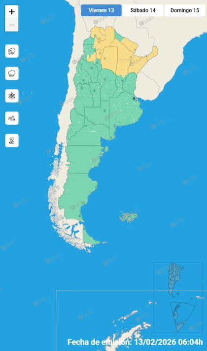 Mapa de alertas para este viernes 13 de febrero.
