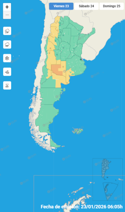 Mapa de alertas por tormentas para este viernes.
