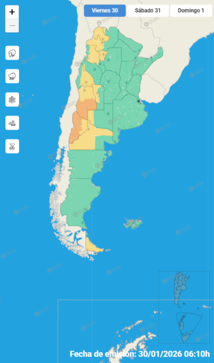 Mapa de alertas por tormentas para este viernes 30 de enero.