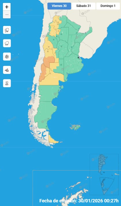 Mapa de alertas por tormentas para este viernes 30 de enero