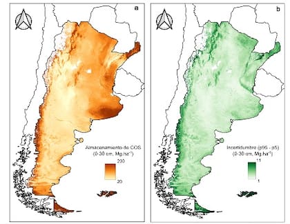 Mapa de almacenamiento de carbono orgánico del suelo (COS) (Mgha-1, 0-30 cm) en los suelos de Argentina (a) y mapa de incertidumbre de la predicción (b)