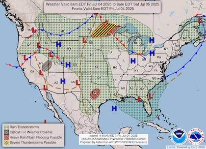 Mapa de amenazas múltiples: costa este con riesgo de tormentas eléctricas, sureste con alerta ciclónica y oeste con peligro de incendios forestales durante el fin de semana largo