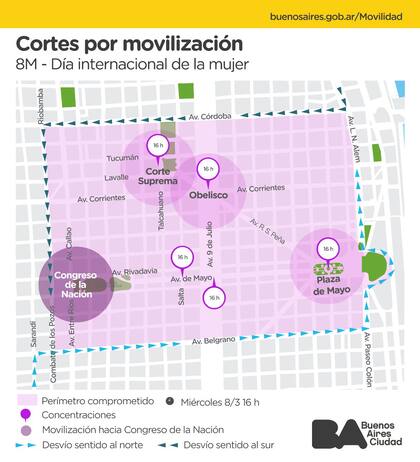 Mapa de cortes en la ciudad de Buenos Aires por el Día Internacional de la Mujer