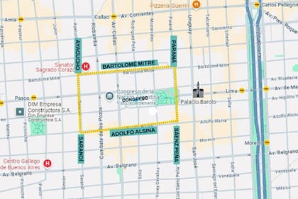 Mapa de cortes en la zona del Congreso por la marcha de jubilados