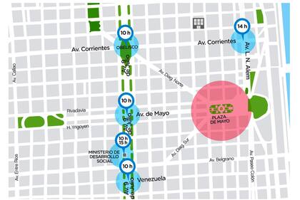 Mapa de cortes y movilizaciones en el centro porteño