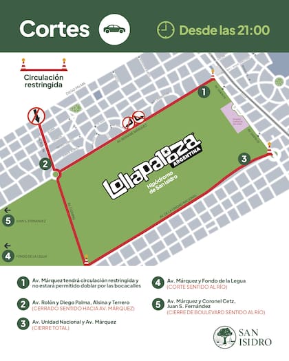 Mapa de cortes y restricciones de tránsito desde las 21:00 en la zona del Hipódromo de San Isidro por el festival Lollapalooza Argentina.
