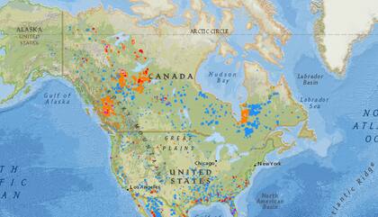 Mapa de focos de incendios en Canadá. (Fuente: mapa satelital de NASA FIRMS).