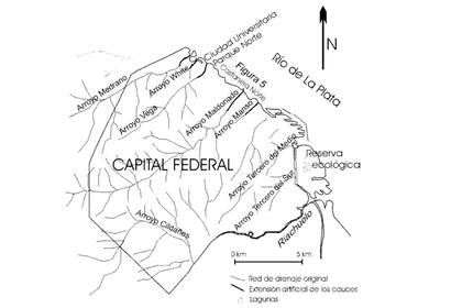 Mapa de la ciudad de Buenos Aires donde se distingue la
antigua red hidrográfica y las extensiones de los mismos hacia la actual línea de costa del estuario del río de La Plata (Departamento de Geología, Facultad de Ciencias Exactas y Naturales, UBA)