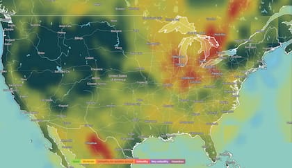 Mapa de la concentración de contaminantes en Estados Unidos el miércoles 28 de junio