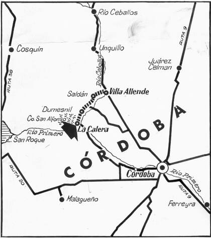 Mapa de la época, que marca el recorrido programado por los Montoneros para llegar a La Calera