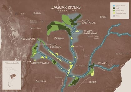 Mapa de la Jaguar Rivers Initiative, que muestra el corredor proyectado sobre la cuenca del Paraná con sus arcas, áreas búfer y puntos intermedios en la Argentina, Brasil, Paraguay y Bolivia