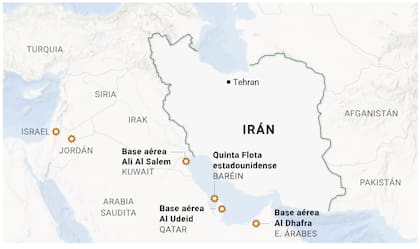 Mapa de la región que muestra algunos de los primeros blancos elegidos por Irán en su represalia