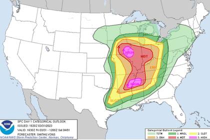 Mapa de la ubicación de las zonas de riesgo por clima severo