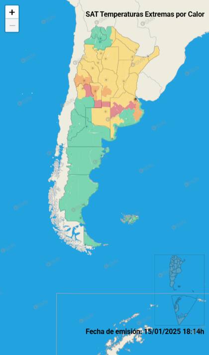 Mapa de las alertas por altas temperaturas en la Argentina, emitido este miércoles 15 de enero