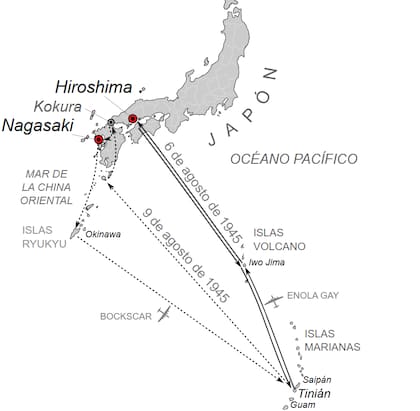 Mapa de las rutas seguidas durante las misiones de bombardeo atómico sobre Hiroshima y Nagasaki, los días 6 y 9 de agosto de 1945. En la segunda operación, el objetivo inicial era Kokura, pero las malas condiciones climáticas impidieron una visión clara, por lo que se optó por lanzar la bomba sobre el blanco secundario: Nagasaki.