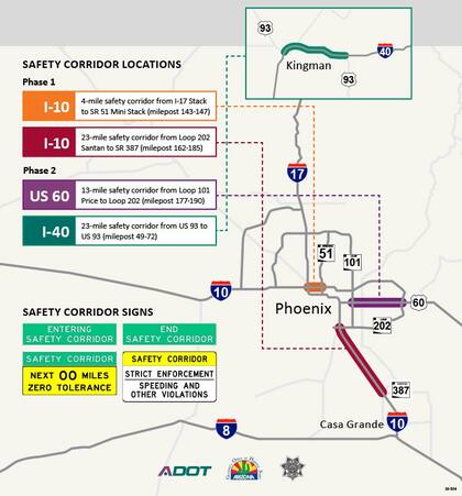 Mapa de los corredores de seguridad en Arizona. Foto: Arizona Department of Transportation