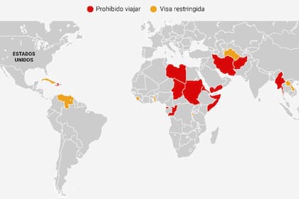 Mapa de los países afectados por prohibición de viajes de Trump