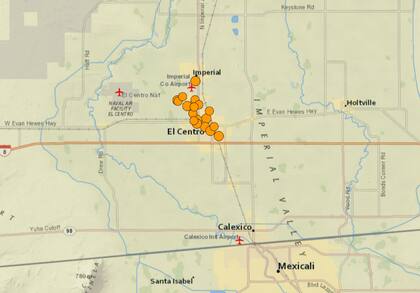 Mapa de los sismos ocurridos en El Centro, California, el 12 de febrero