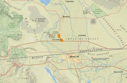 Mapa de los sismos ocurridos en El Centro, California, el 13 de febrero