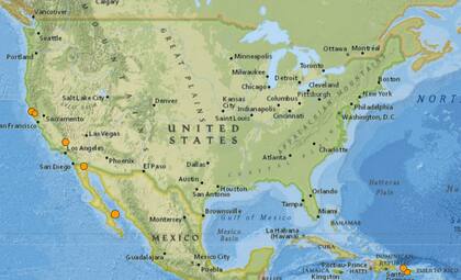 Mapa de los sismos ocurridos en Estados Unidos y el Caribe el 5 de febrero
