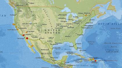 Mapa de los sismos ocurridos en Estados Unidos y el Caribe en las últimas 24 horas