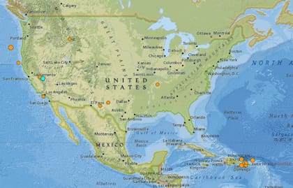 Mapa de los sismos ocurridos en Estados Unidos y el Caribe en las últimas 24 horas