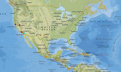 Mapa de los sismos ocurridos en Estados Unidos y el Caribe en las últimas 24 horas