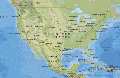 Mapa de los sismos ocurridos en Estados Unidos y el Caribe el 4 de febrero