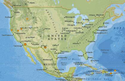Mapa de los sismos ocurridos en Estados Unidos y el Caribe el 14 de febrero