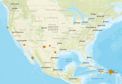 Mapa de los sismos ocurridos en Estados Unidos y el Caribe el 9 de febrero