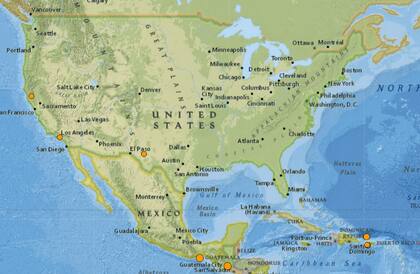 Mapa de los sismos ocurridos en Estados Unidos y el Caribe el 21 de febrero