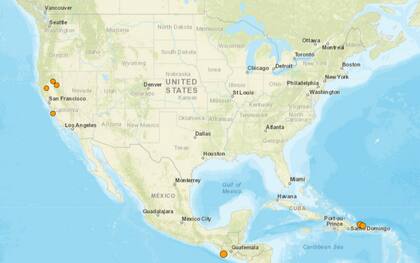 Mapa de los sismos ocurridos en Estados Unidos y el Caribe el 26 de febrero