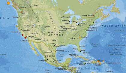 Mapa de los sismos ocurridos en Estados Unidos y el Caribe en las últimas 24 horas