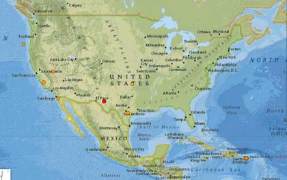 Mapa de los sismos ocurridos en Estados Unidos y el Caribe el 22 de febrero
