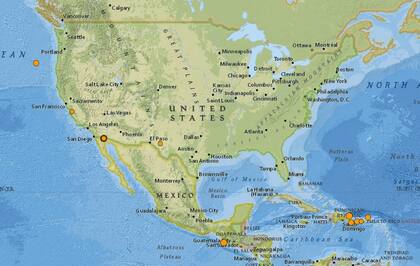 Mapa de los sismos ocurridos en Estados Unidos y el Caribe en las últimas 24 horas