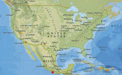 Mapa de los sismos ocurridos en Estados Unidos y el Caribe el 13 de febrero