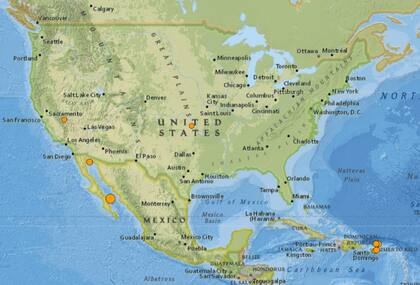 Mapa de los sismos ocurridos en Estados Unidos y el Caribe el 15 de febrero