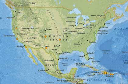 Mapa de los sismos ocurridos en Estados Unidos y el Caribe el 19 de febrero