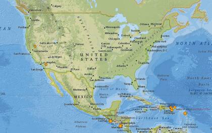 Mapa de los sismos ocurridos en Estados Unidos y el Caribe en las últimas 24 horas