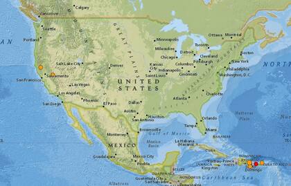 Mapa de los sismos ocurridos en Estados Unidos y el Caribe en las últimas 24 horas