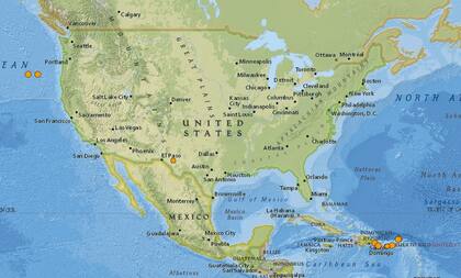 Mapa de los sismos ocurridos en Estados Unidos y el Caribe en las últimas 24 horas