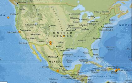 Mapa de los sismos ocurridos en Estados Unidos y el Caribe el 23 de febrero