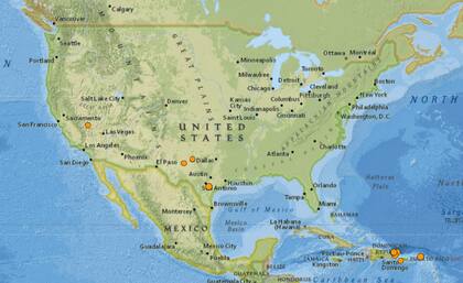 Mapa de los sismos ocurridos en Estados Unidos y el Caribe el 20 de febrero