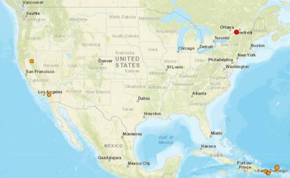 Mapa de los sismos ocurridos en Estados Unidos y el Caribe el 1 de febrero