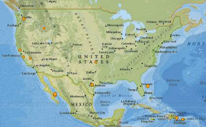 Mapa de los sismos ocurridos en Estados Unidos y el Caribe el 8 de febrero