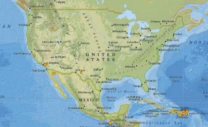 Mapa de los sismos ocurridos en Estados Unidos y el Caribe el 16 de febrero