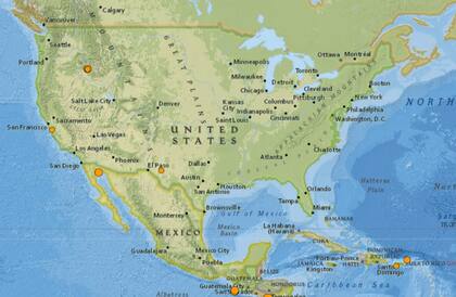 Mapa de los sismos ocurridos en Estados Unidos y el Caribe el 27 de febrero