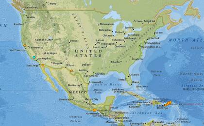 Mapa de los sismos ocurridos en Estados Unidos y el Caribe en las últimas 24 horas