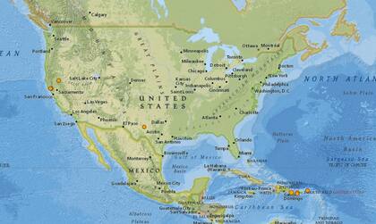 Mapa de los sismos ocurridos en Estados Unidos y el Caribe en las últimas 24 horas