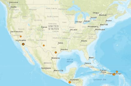 Mapa de los sismos ocurridos en Estados Unidos y el Caribe el 12 de febrero
